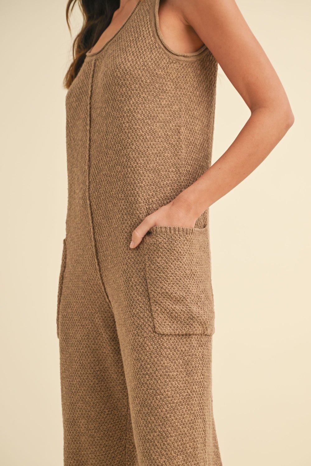 Mable - Sleeveless Knit Cropped Jumpsuit with Pockets in Mocha