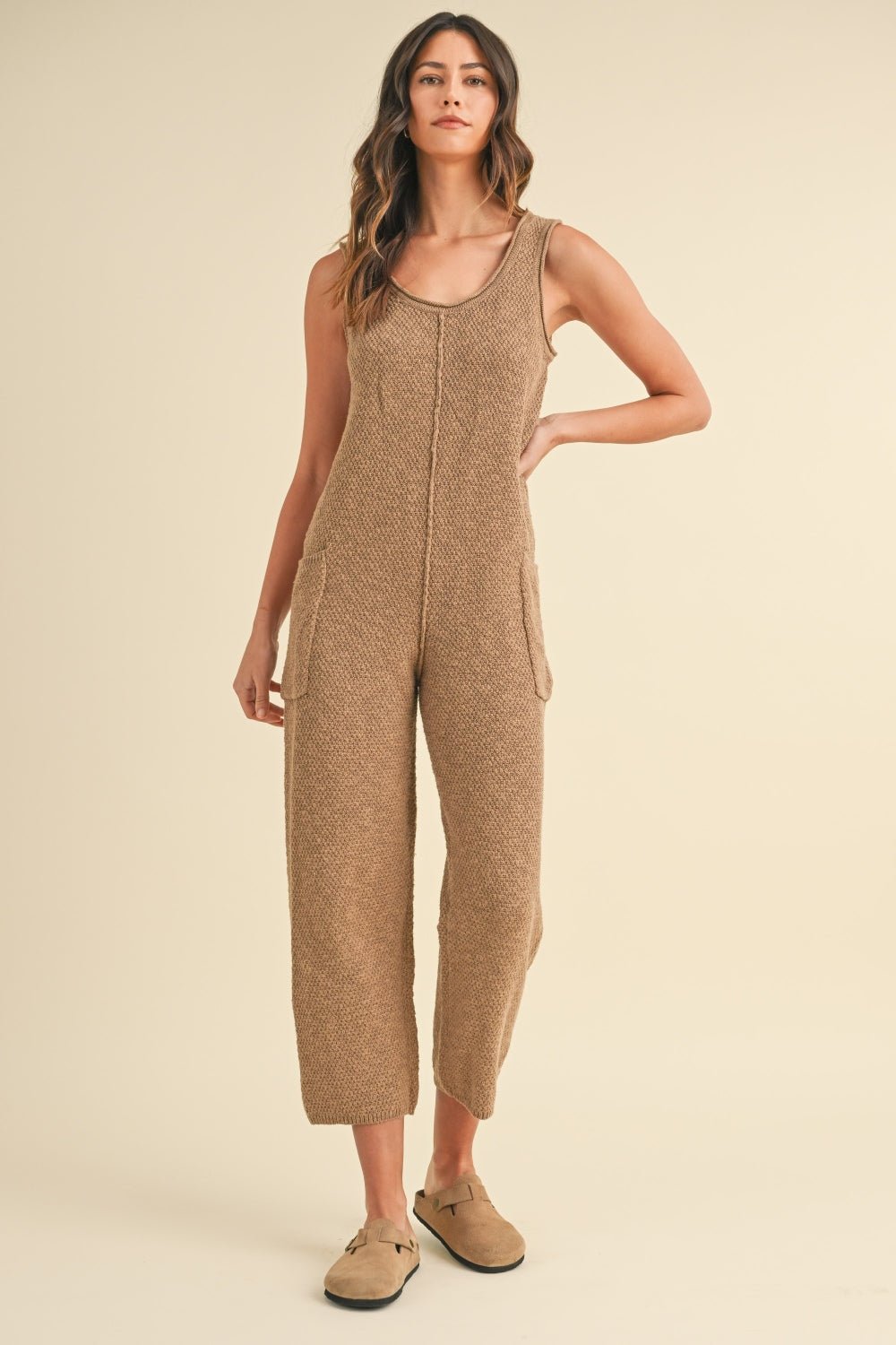 Mable - Sleeveless Knit Cropped Jumpsuit with Pockets in Mocha