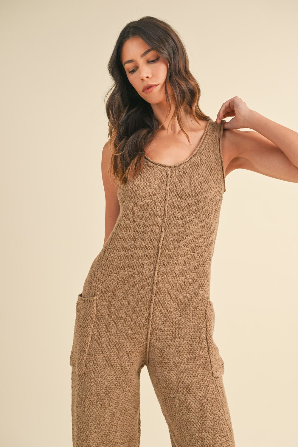 Mable - Sleeveless Knit Cropped Jumpsuit with Pockets in Mocha