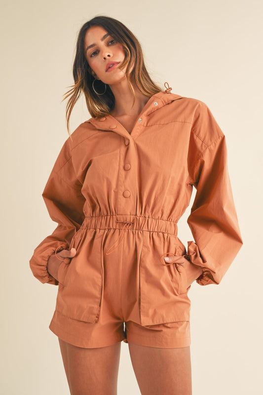 Mable - Snap Down Long Sleeve Hooded Romper in Tan