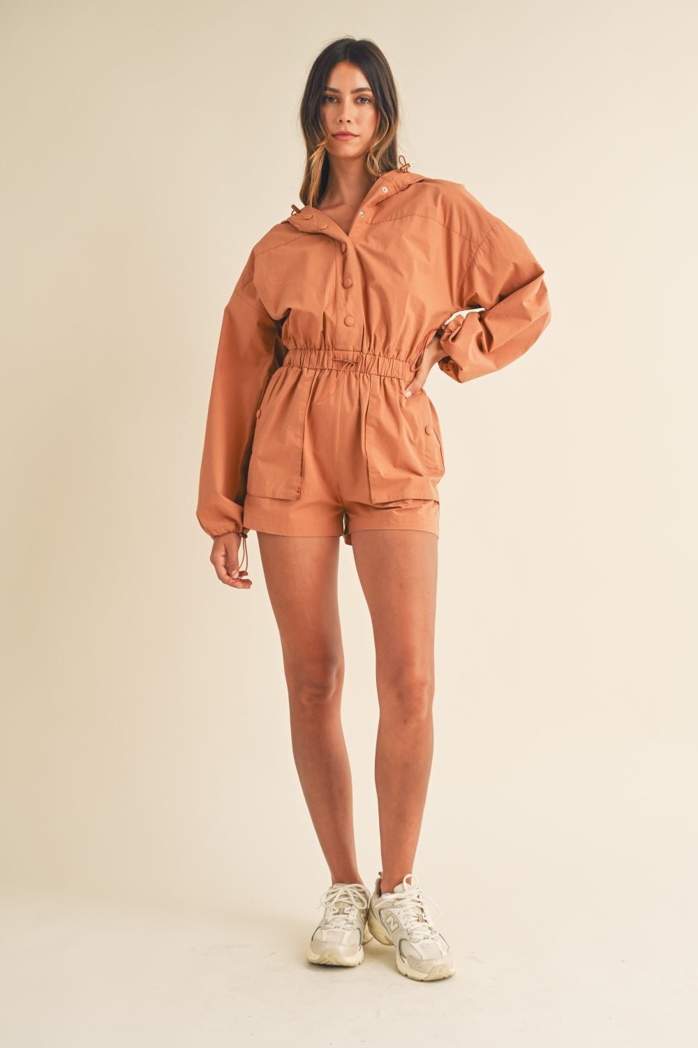 Mable - Snap Down Long Sleeve Hooded Romper in Tan