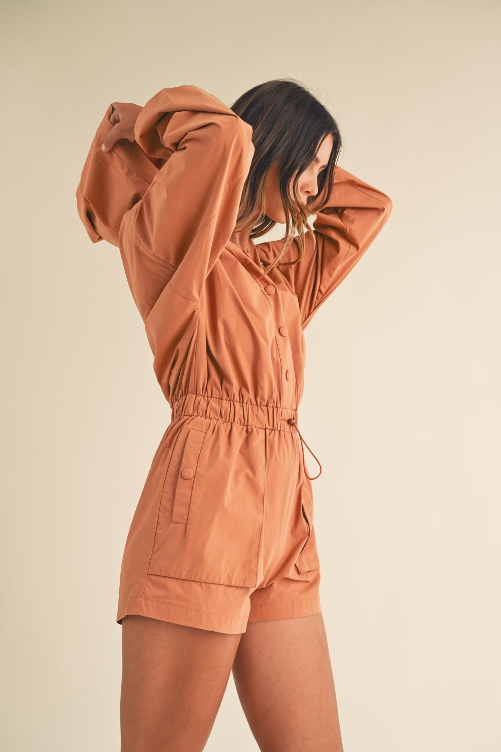 Mable - Snap Down Long Sleeve Hooded Romper in Tan