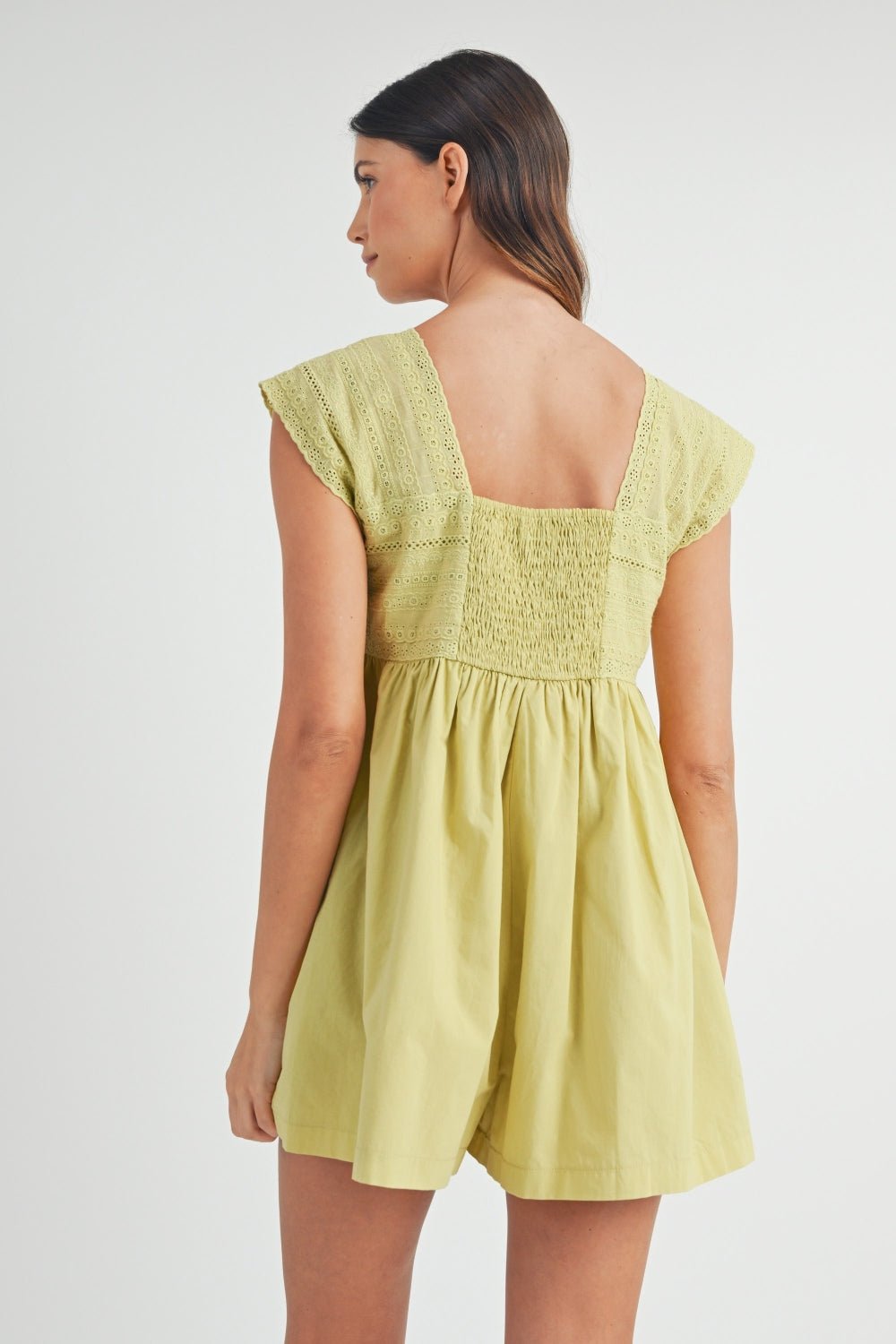 Mable - Square Neck Lace Trim Romper in Light Kiwi