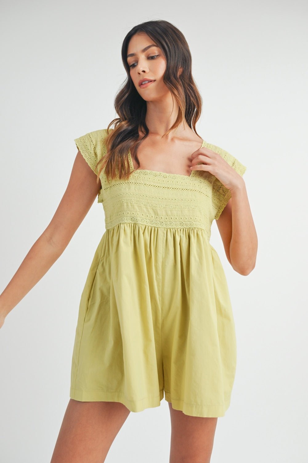 Mable - Square Neck Lace Trim Romper in Light Kiwi