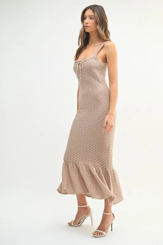Mable - Taupe Textured Knit Ruffle Hem Midi Dress