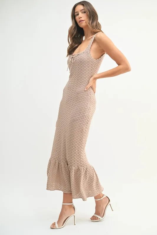 Mable - Taupe Textured Knit Ruffle Hem Midi Dress
