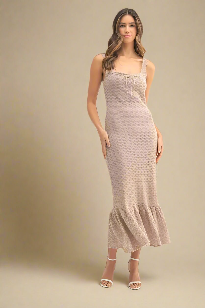 Mable - Taupe Textured Knit Ruffle Hem Midi Dress