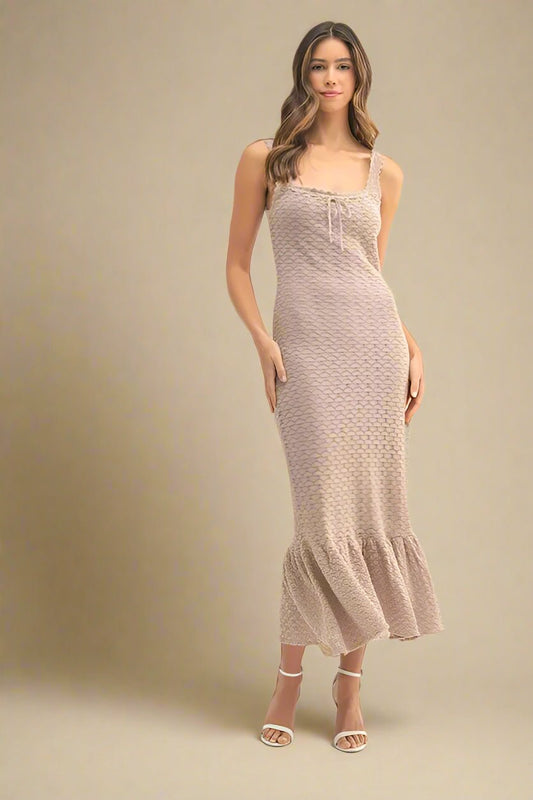 Mable - Taupe Textured Knit Ruffle Hem Midi Dress