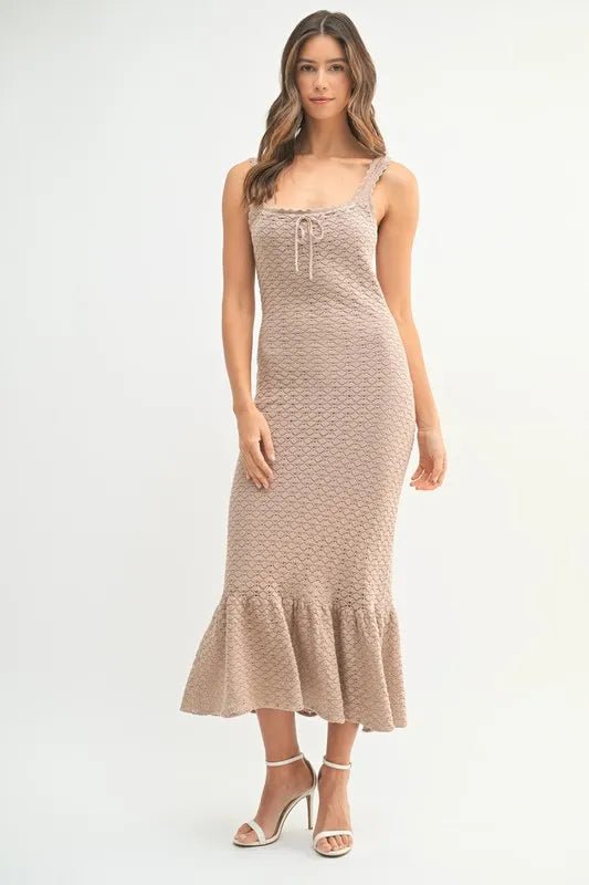 Mable - Taupe Textured Knit Ruffle Hem Midi Dress