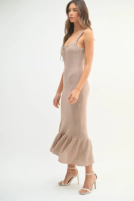 Mable - Taupe Textured Knit Ruffle Hem Midi Dress