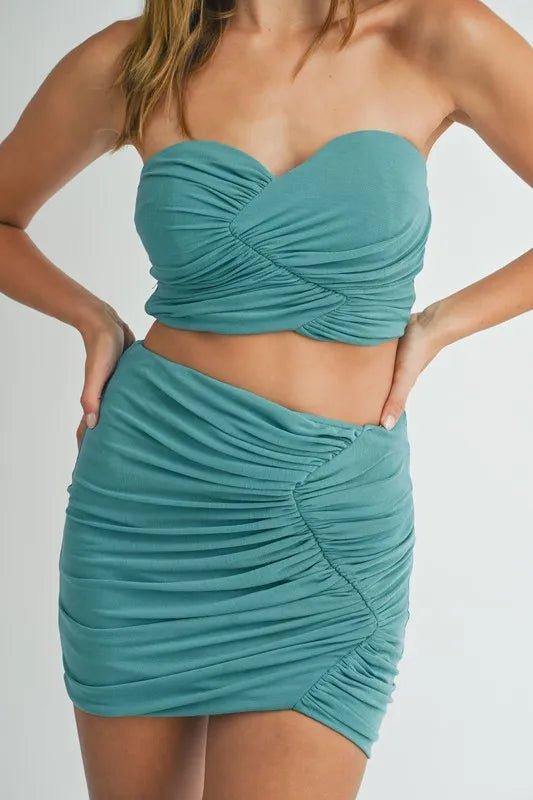Mable - Teal Strapless Ruched Bandeau & Mini Skirt Set