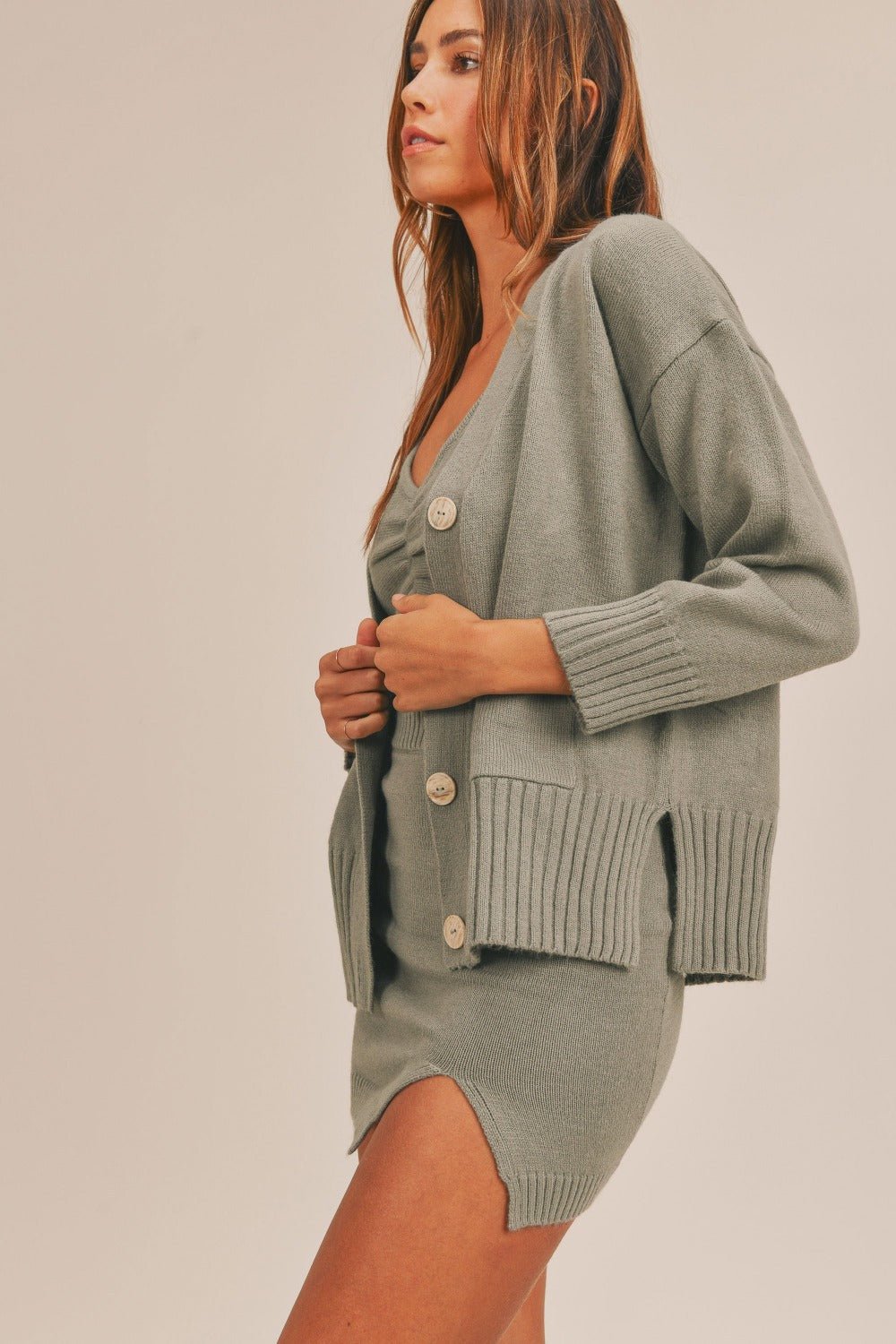 Mable - Three - Piece Cardigan Sweater & Mini Skirt Set in Dusty Olive