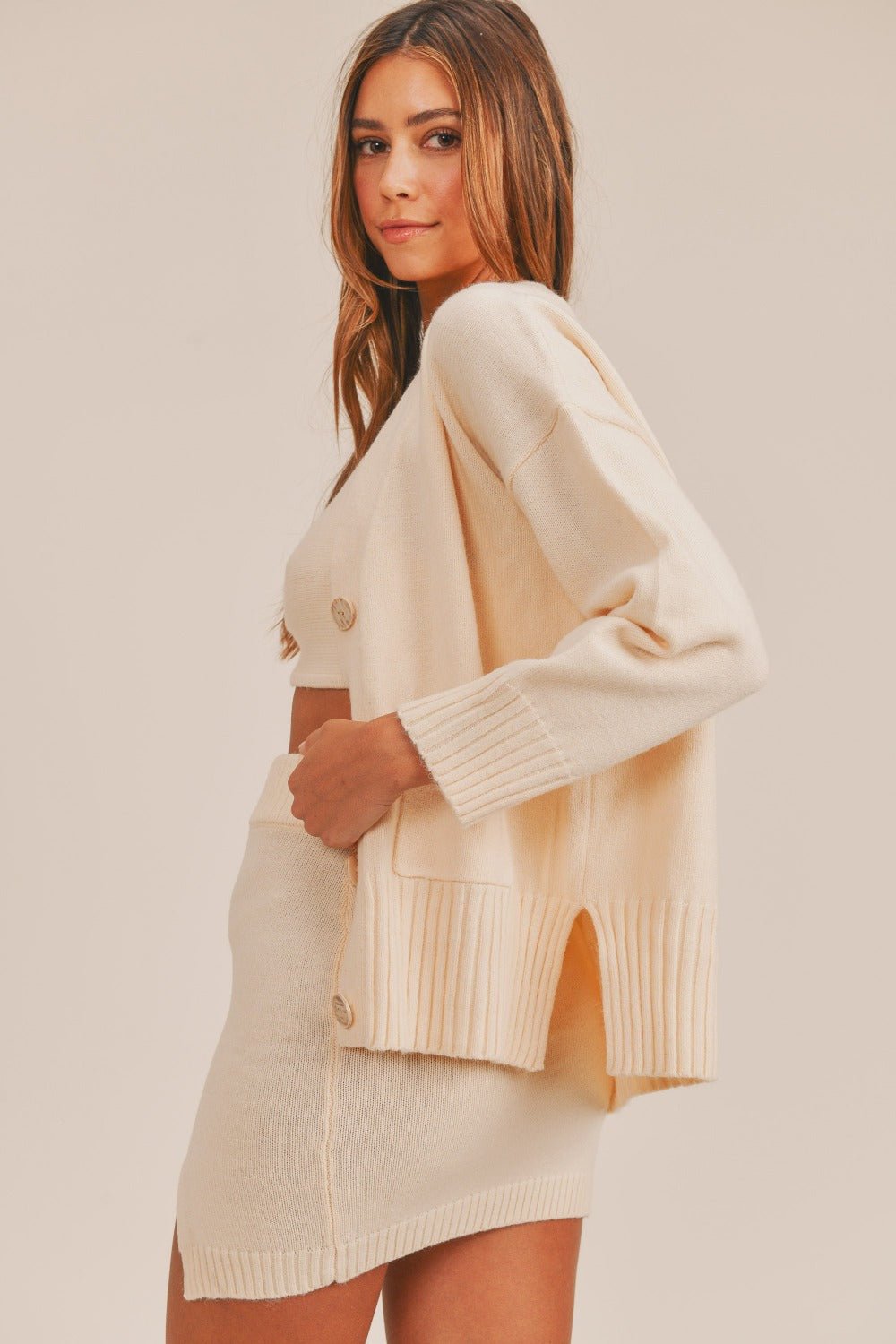 Mable - Three - Piece Cardigan Sweater & Mini Skirt Set in Ivory