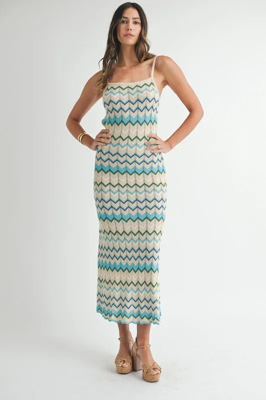 Mable - White & Aqua Zigzag Knit Midi Dress