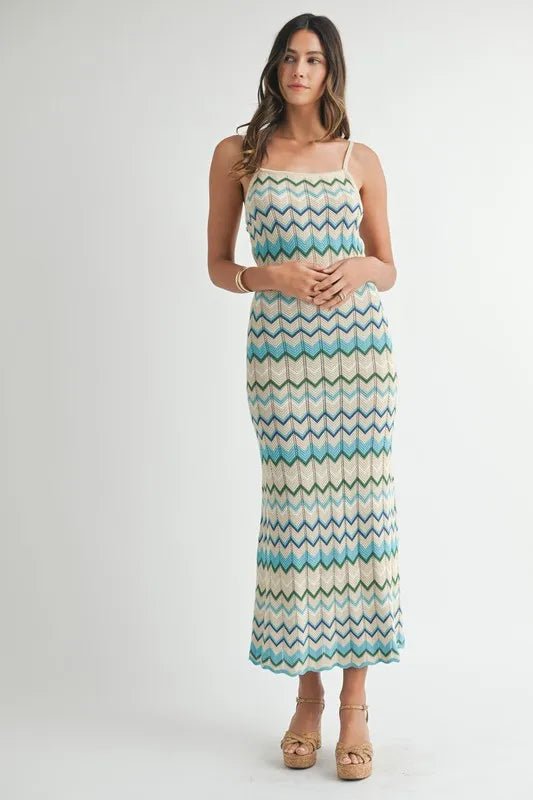 Mable - White & Aqua Zigzag Knit Midi Dress