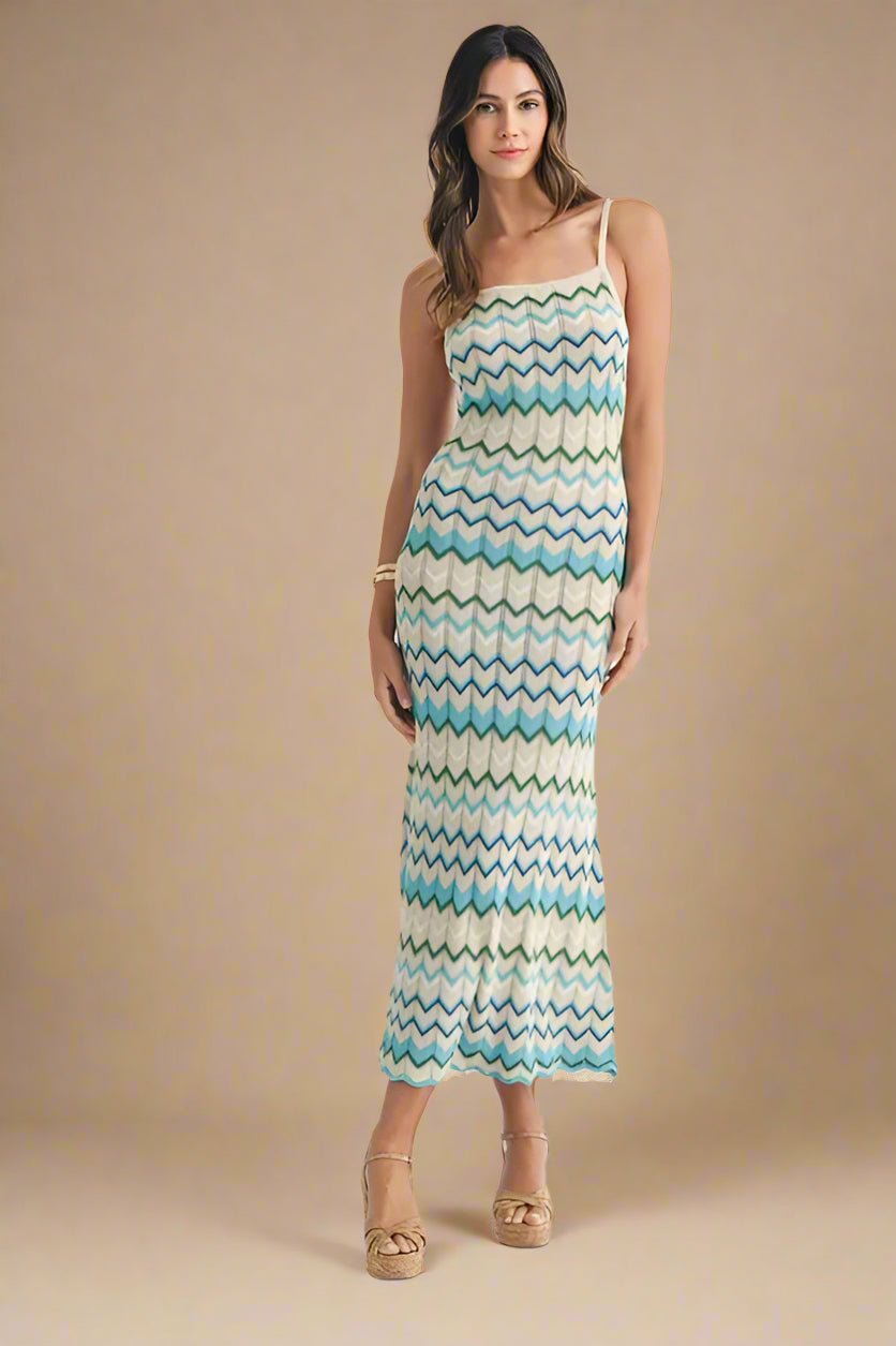 Mable - White & Aqua Zigzag Knit Midi Dress