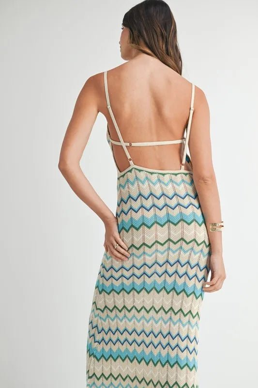 Mable - White & Aqua Zigzag Knit Midi Dress