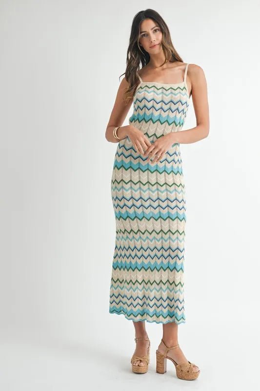 Mable - White & Aqua Zigzag Knit Midi Dress