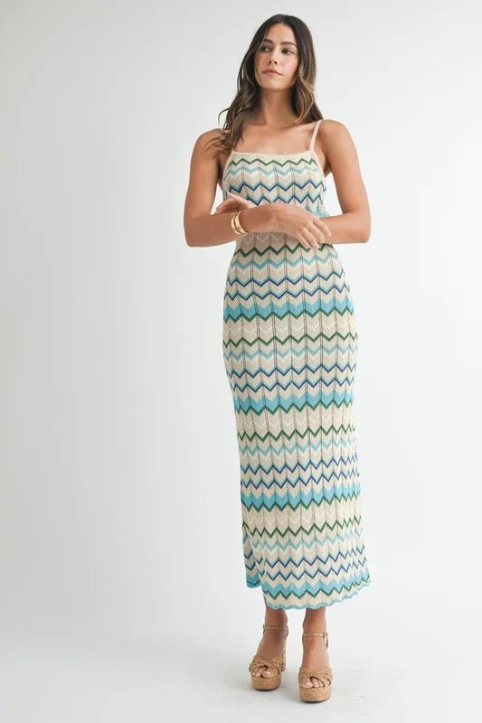 Mable - White & Aqua Zigzag Knit Midi Dress