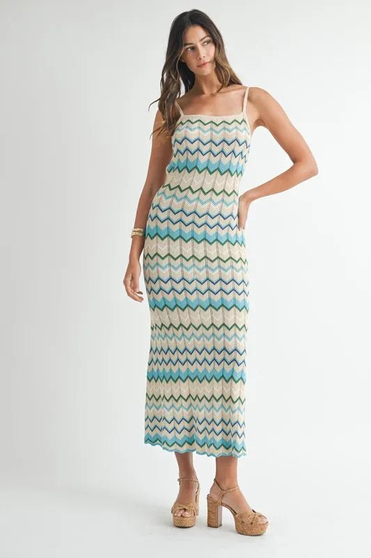 Mable - White & Aqua Zigzag Knit Midi Dress