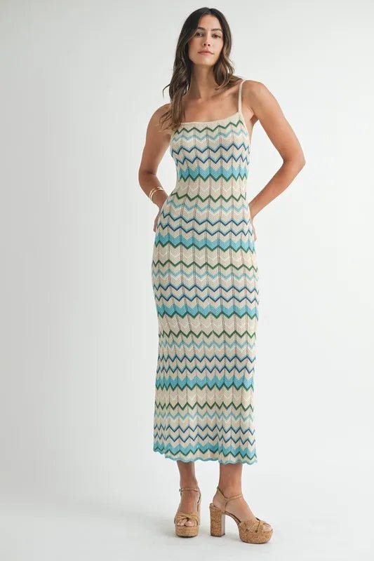 Mable - White & Aqua Zigzag Knit Midi Dress