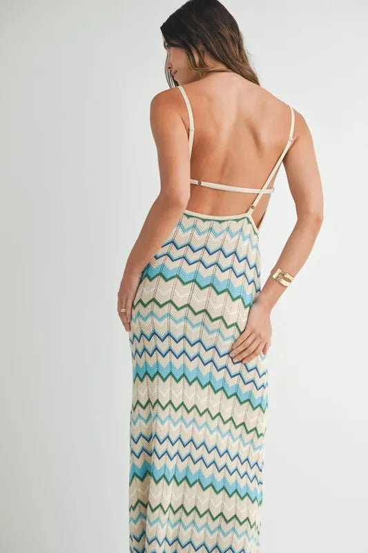 Mable - White & Aqua Zigzag Knit Midi Dress