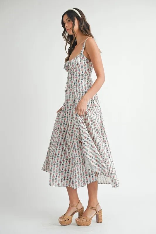 Mable - White Ditsy Floral Corset Midi Dress