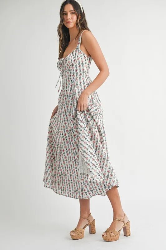 Mable - White Ditsy Floral Corset Midi Dress