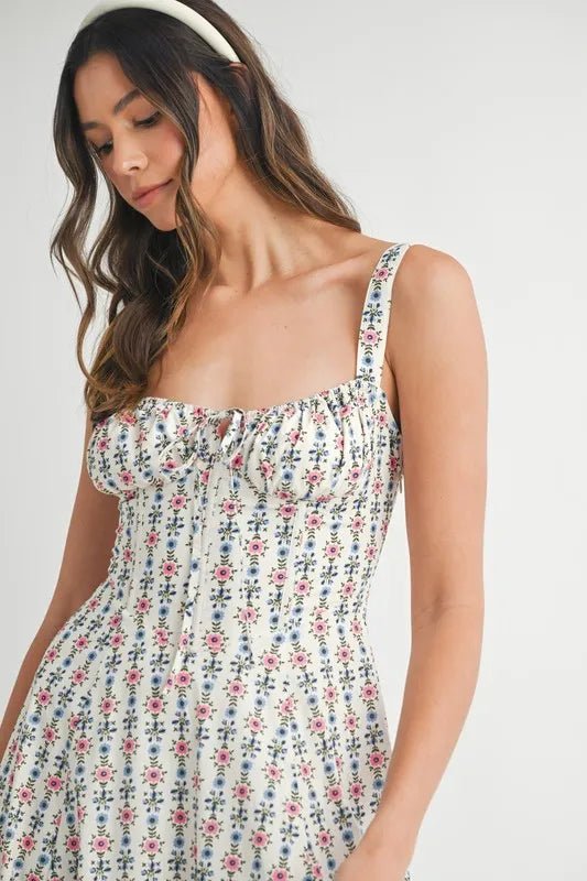 Mable - White Ditsy Floral Corset Midi Dress