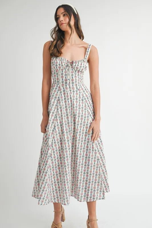 Mable - White Ditsy Floral Corset Midi Dress