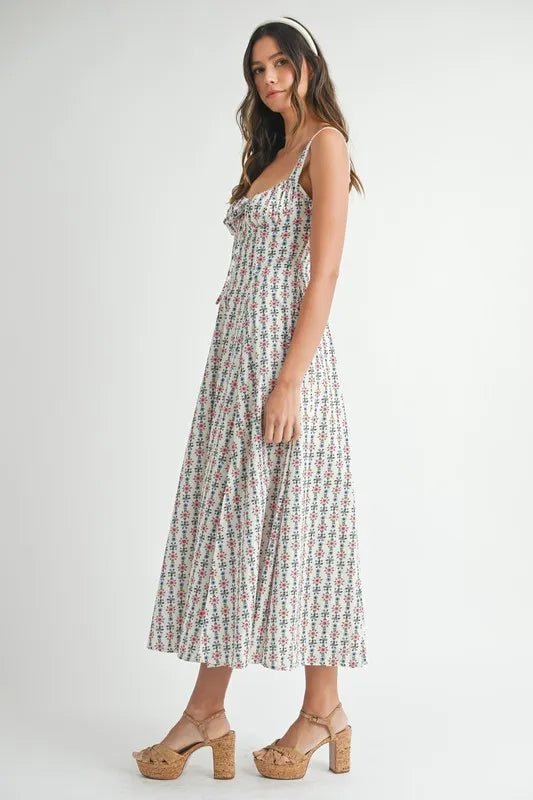 Mable - White Ditsy Floral Corset Midi Dress