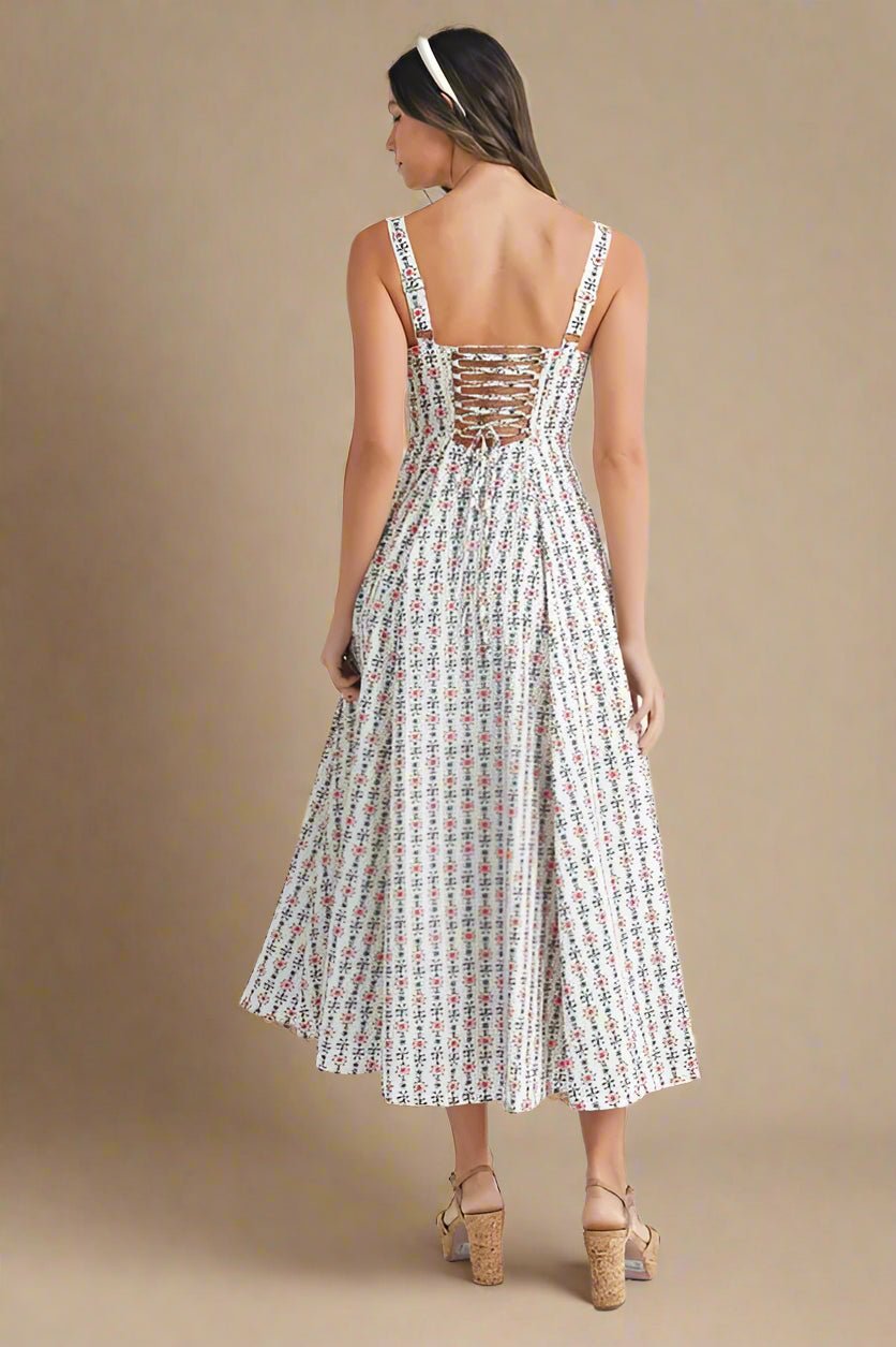 Mable - White Ditsy Floral Corset Midi Dress