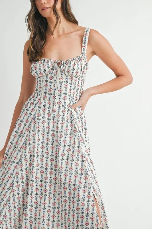 Mable - White Ditsy Floral Corset Midi Dress