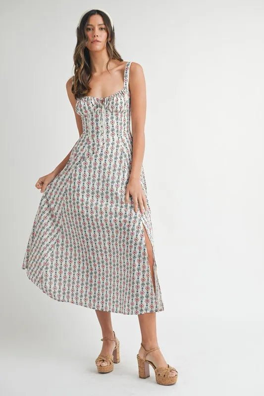 Mable - White Ditsy Floral Corset Midi Dress