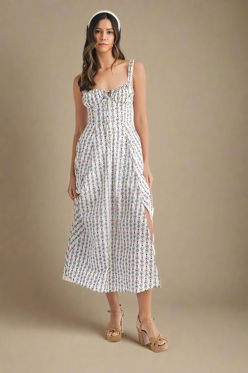 Mable - White Ditsy Floral Corset Midi Dress