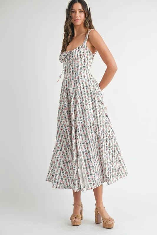 Mable - White Ditsy Floral Corset Midi Dress