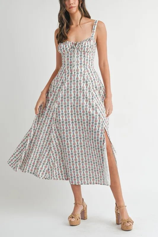 Mable - White Ditsy Floral Corset Midi Dress