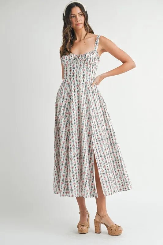 Mable - White Ditsy Floral Corset Midi Dress