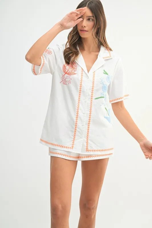 Mable - White Embroidered Floral Button - Up Shirt & Short Set