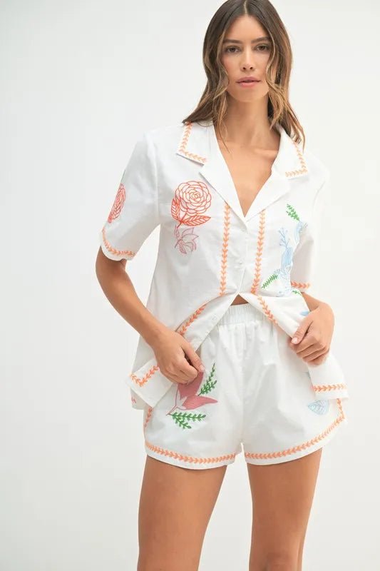 Mable - White Embroidered Floral Button - Up Shirt & Short Set