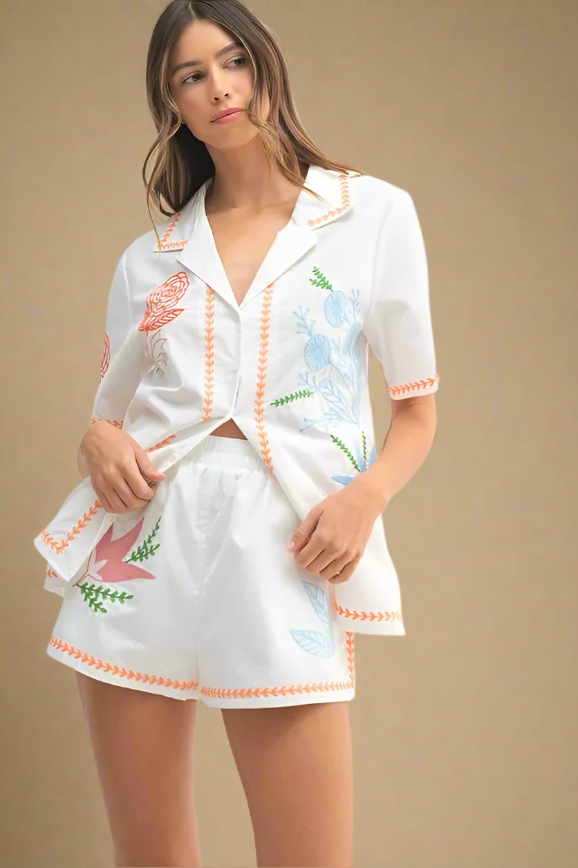 Mable - White Embroidered Floral Button - Up Shirt & Short Set