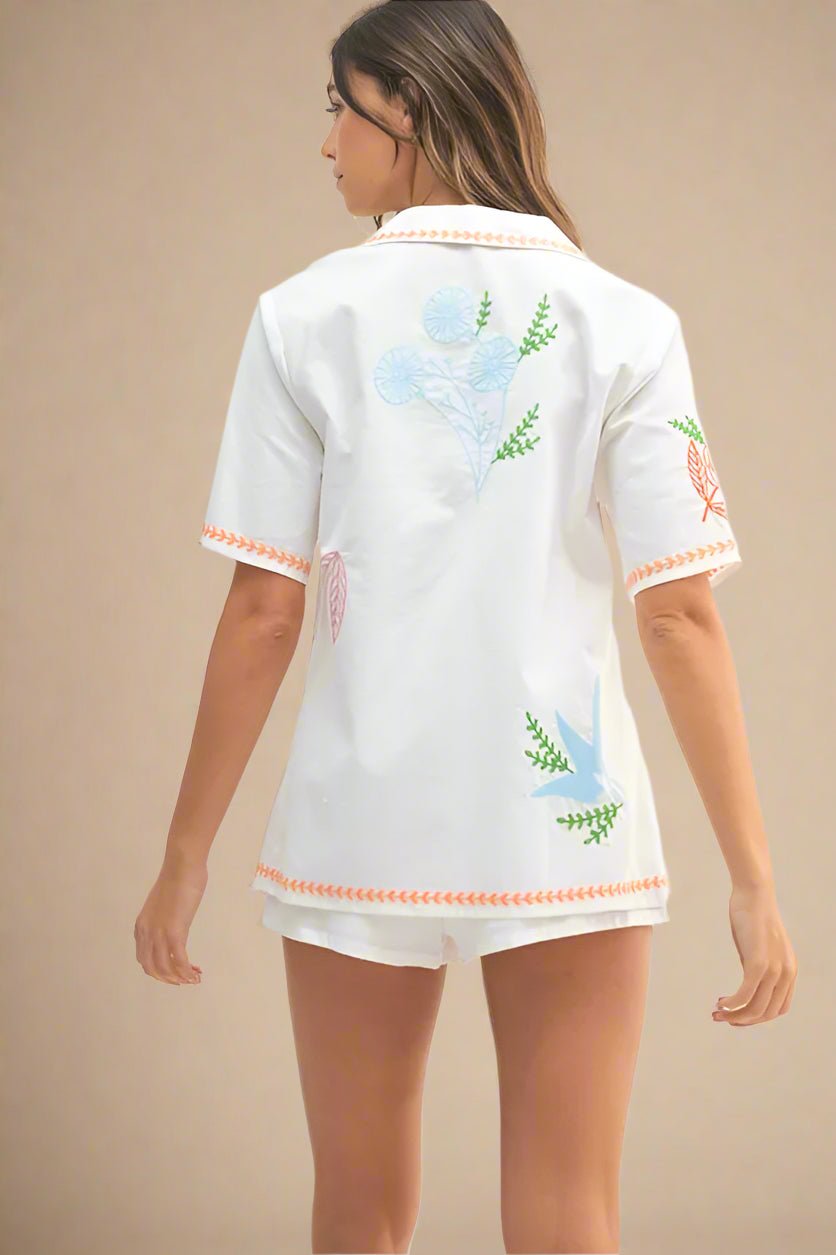 Mable - White Embroidered Floral Button - Up Shirt & Short Set