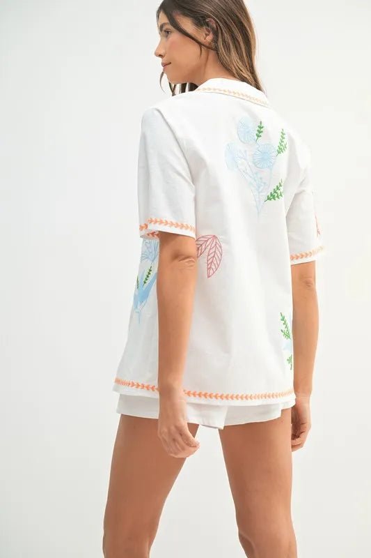 Mable - White Embroidered Floral Button - Up Shirt & Short Set