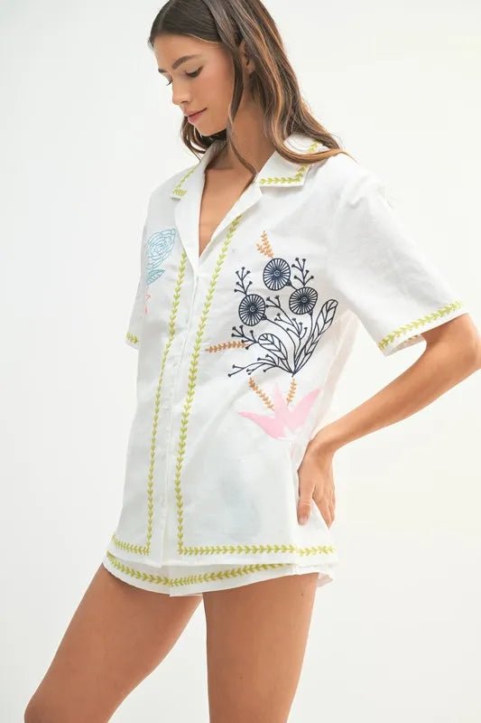 Mable - White Embroidered Leaf & Floral Shirt & Short Set