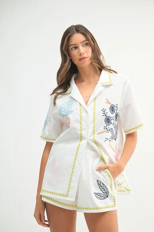 Mable - White Embroidered Leaf & Floral Shirt & Short Set
