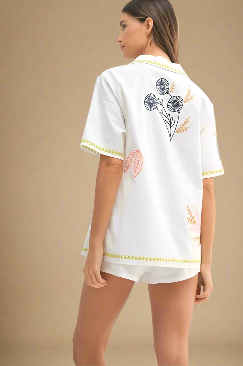 Mable - White Embroidered Leaf & Floral Shirt & Short Set