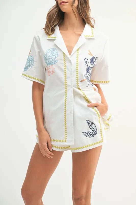 Mable - White Embroidered Leaf & Floral Shirt & Short Set