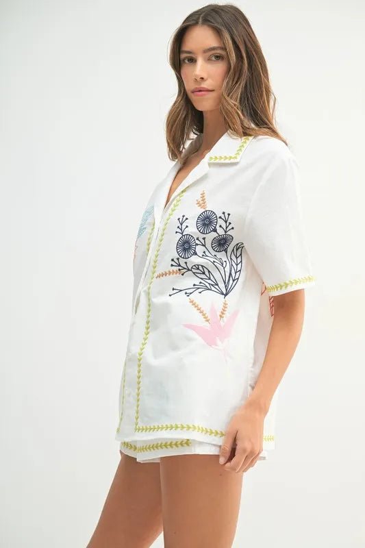 Mable - White Embroidered Leaf & Floral Shirt & Short Set