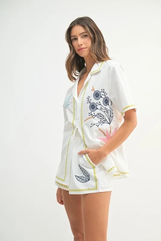 Mable - White Embroidered Leaf & Floral Shirt & Short Set