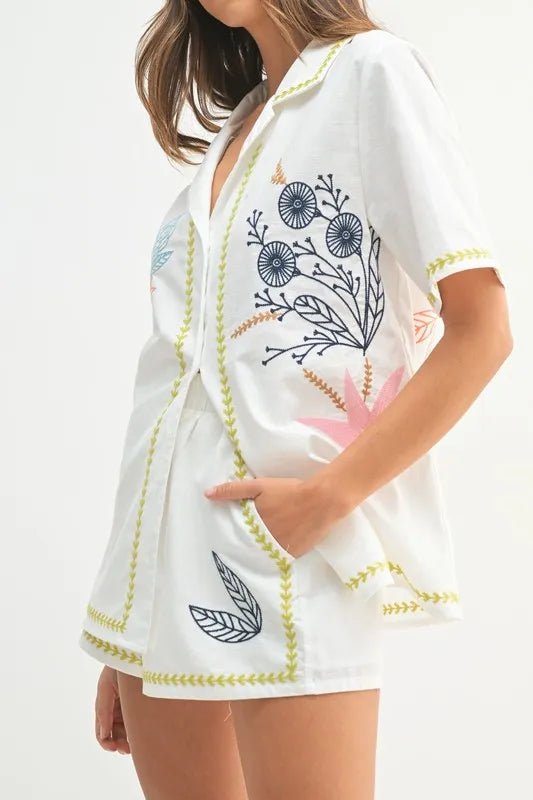 Mable - White Embroidered Leaf & Floral Shirt & Short Set